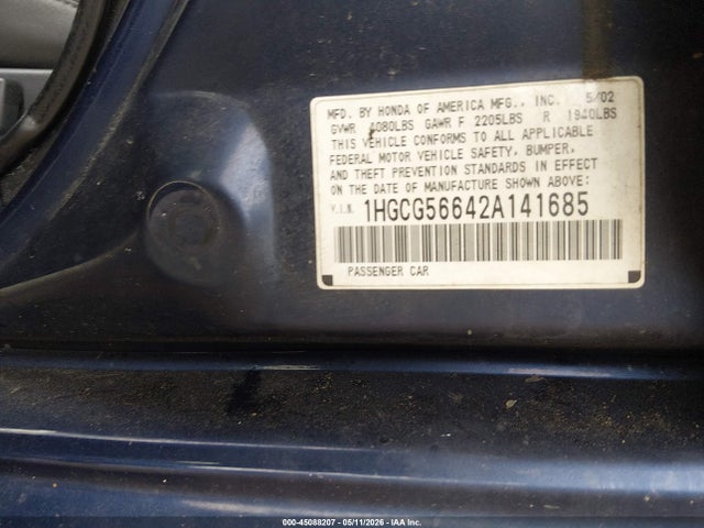 45088207 :رقم المزاد ، 1HGCG56642A141685 vin ، 2002 Honda Accord 2.3 Ex مزاد بيع