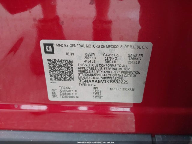 45088228 :رقم المزاد ، 3GNAXKEV1KS582225 vin ، 2019 Chevrolet Equinox Lt مزاد بيع