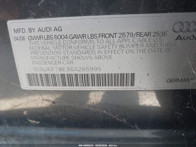 Продажа на аукционе авто 2006 Audi A4 2.0t Avant, vin: WAUKF78E36A265995, номер лота: 45088232
