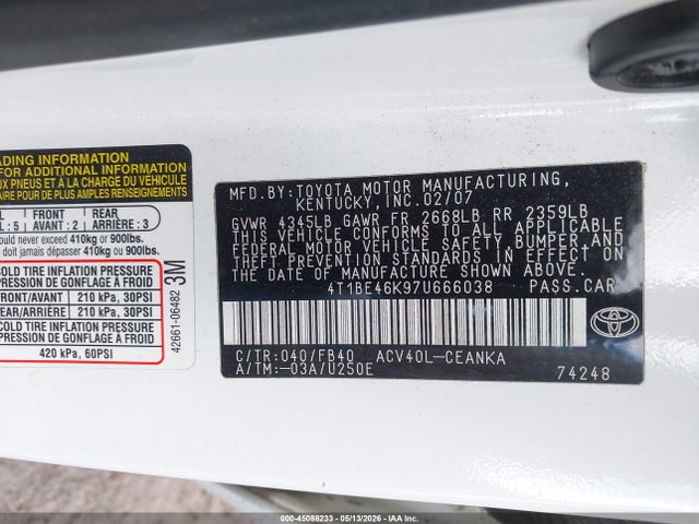 2007 Toyota Camry Le მანქანა იყიდება აუქციონზე, vin: 4T1BE46K97U666038, აუქციონის ნომერი: 45088233