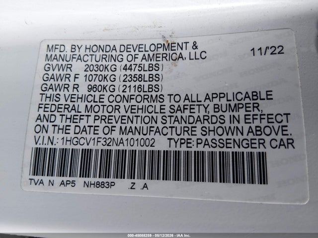 1HGCV1F32NA101002 Honda Accord Sport