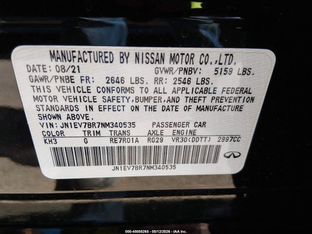 Aukcja sprzedaży 2022 Infiniti Q50 Luxe Awd, vin: JN1EV7BR7NM340535, numer aukcji: 45088265