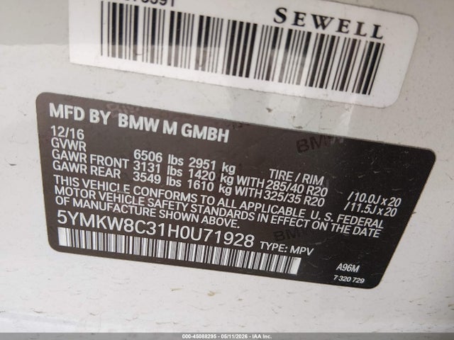 Продажа на аукционе авто 2017 Bmw X6 M, vin: 5YMKW8C31H0U71928, номер лота: 45088295