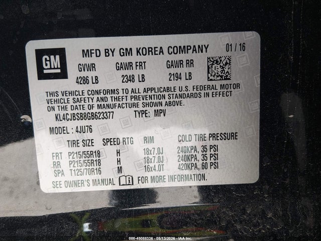 45088336 :رقم المزاد ، KL4CJBSB8GB623377 vin ، 2016 Buick Encore Convenience مزاد بيع