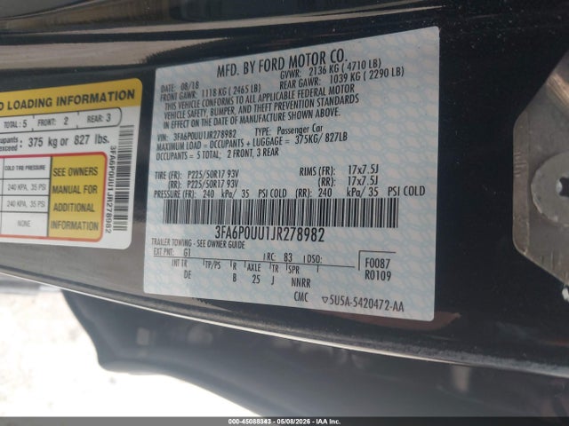 Aukcja sprzedaży 2018 Ford Fusion Hybrid S, vin: 3FA6P0UU1JR278982, numer aukcji: 45088343