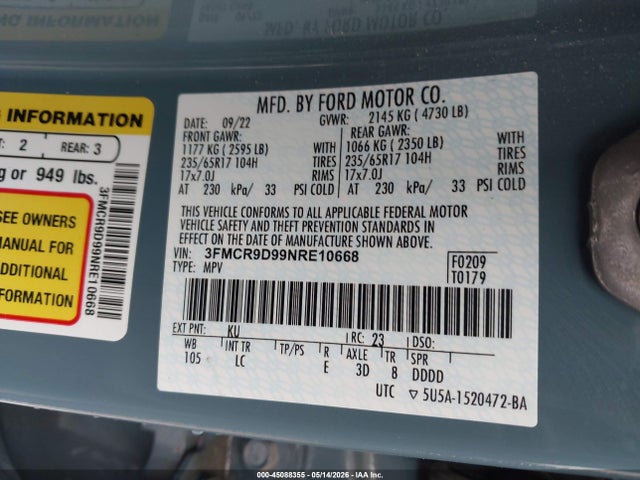 45088355 :رقم المزاد ، 3FMCR9D99NRE10668 vin ، 2022 Ford Bronco Sport Badlands مزاد بيع
