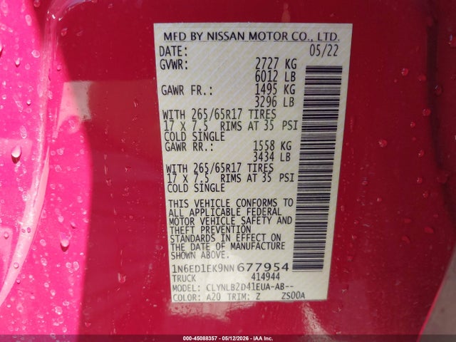 Nissan Frontier Sv 4x4 2022 1N6ED1EK9NN677954 Image 9