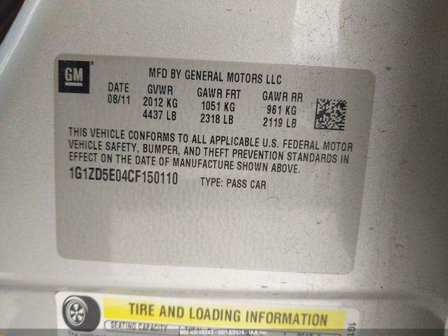45088363 :رقم المزاد ، 1G1ZD5E04CF150110 vin ، 2012 Chevrolet Malibu 2lt مزاد بيع