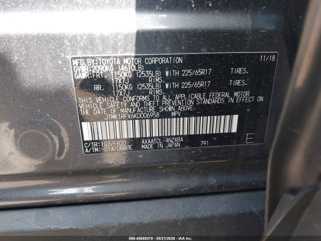 Aukcja sprzedaży 2019 Toyota Rav4 Le, vin: JTMK1RFV6KD006958, numer aukcji: 45088378