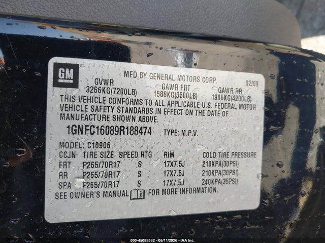 2009 Chevrolet Suburban 1500 Ls მანქანა იყიდება აუქციონზე, vin: 1GNFC16089R188474, აუქციონის ნომერი: 45088382