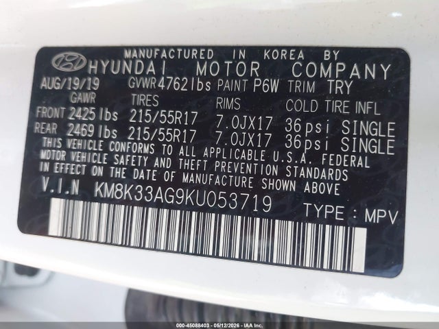 45088403 :رقم المزاد ، KM8K33AG9KU053719 vin ، 2019 Hyundai Kona Ev Limited مزاد بيع