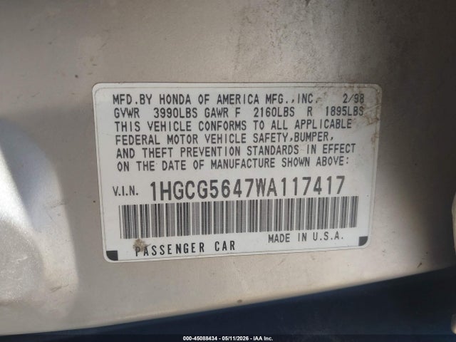 Auction sale of the 1998 Honda Accord Lx, vin: 1HGCG5647WA117417, lot number: 45088434