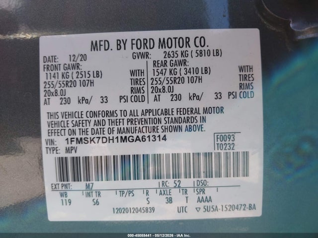 Aukcja sprzedaży 2021 Ford Explorer Xlt, vin: 1FMSK7DH1MGA61314, numer aukcji: 45088441