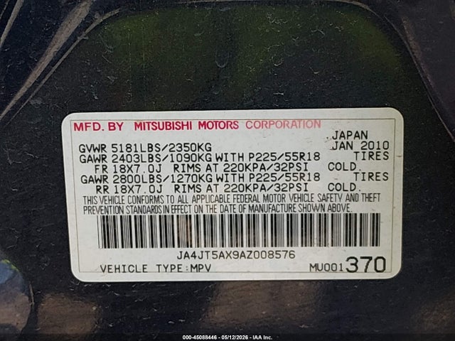 2010 Mitsubishi Outlander Gt მანქანა იყიდება აუქციონზე, vin: JA4JT5AX9AZ008576, აუქციონის ნომერი: 45088446