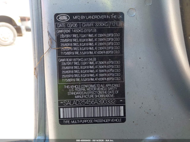 45088455 :رقم المزاد ، SALAD25456A390332 vin ، 2006 Land Rover Lr3 V8 Se مزاد بيع