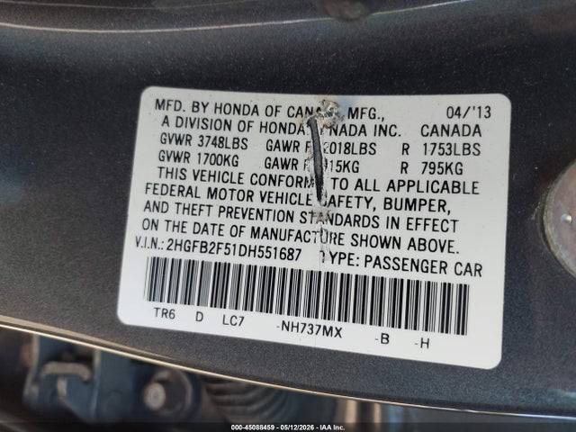 Продажа на аукционе авто 2013 Honda Civic Lx, vin: 2HGFB2F51DH551687, номер лота: 45088459