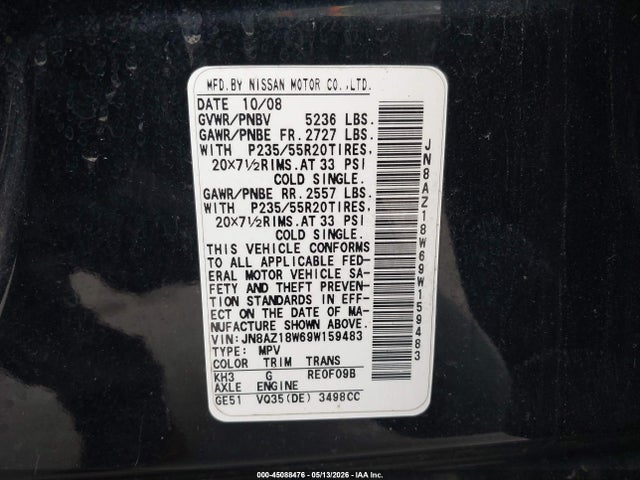 2009 Nissan Murano Le მანქანა იყიდება აუქციონზე, vin: JN8AZ18W69W159483, აუქციონის ნომერი: 45088476
