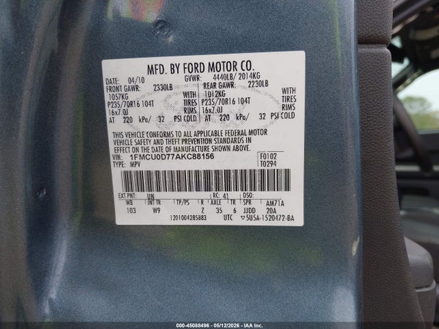 2010 Ford Escape Xlt მანქანა იყიდება აუქციონზე, vin: 1FMCU0D77AKC88156, აუქციონის ნომერი: 45088496