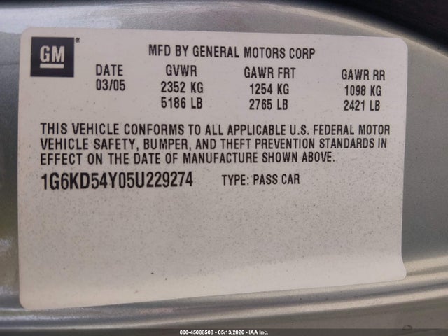 Продаж на аукціоні авто 2005 Cadillac Deville Standard, vin: 1G6KD54Y05U229274, номер лоту: 45088508