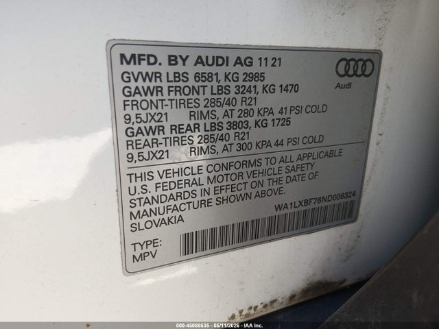 Aukcja sprzedaży 2022 Audi Q7 Premium Plus 55 Tfsi Quattro Tiptronic, vin: WA1LXBF76ND006324, numer aukcji: 45088535