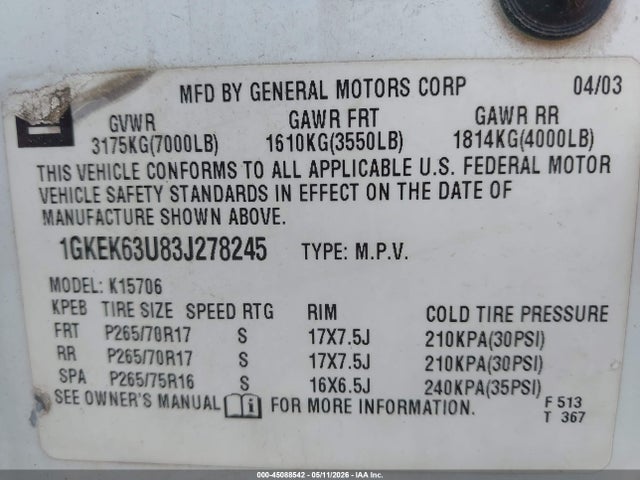 Aukcja sprzedaży 2003 Gmc Yukon Denali, vin: 1GKEK63U83J278245, numer aukcji: 45088542