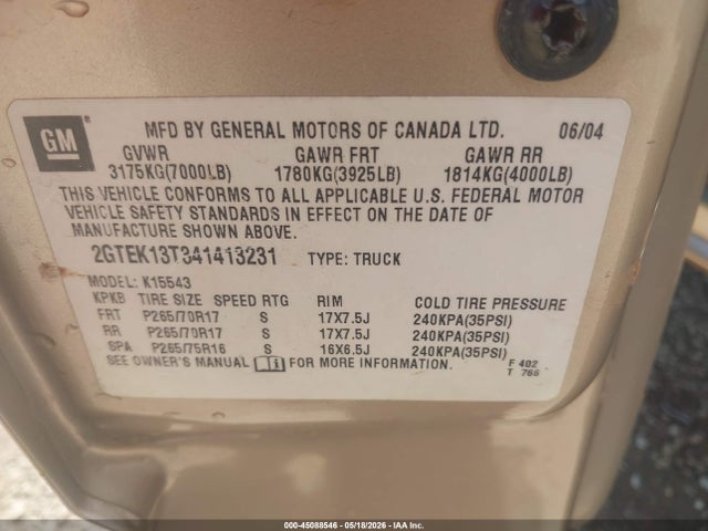 Aukcja sprzedaży 2004 Gmc Sierra 1500 Sle, vin: 2GTEK13T341413231, numer aukcji: 45088546
