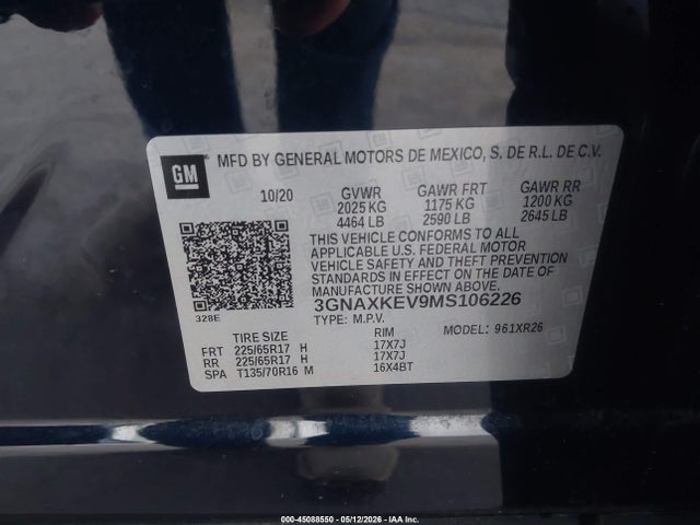 3GNAXKEV9MS106226 Chevrolet Equinox Fwd Lt