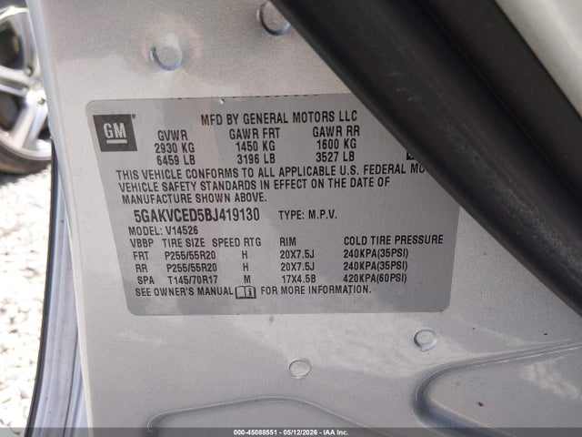 45088551 :رقم المزاد ، 5GAKVCED5BJ419130 vin ، 2011 Buick Enclave 2xl مزاد بيع