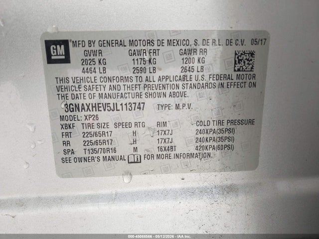 Auction sale of the 2018 Chevrolet Equinox Ls, vin: 3GNAXHEV5JL113747, lot number: 45088566