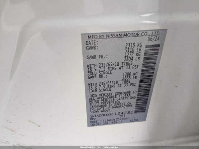 Aukcja sprzedaży 2024 Nissan Murano Sv Fwd, vin: 5N1AZ2BJXRC124781, numer aukcji: 45088582
