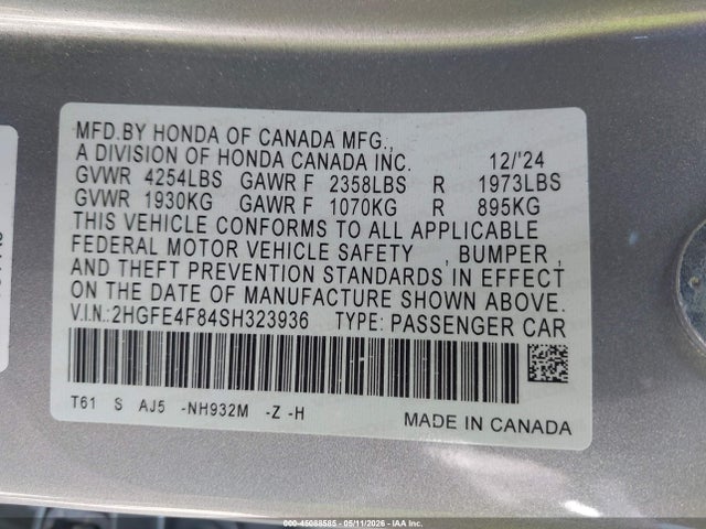 Aukcja sprzedaży 2025 Honda Civic Hybrid Sport/sport Touring, vin: 2HGFE4F84SH323936, numer aukcji: 45088585