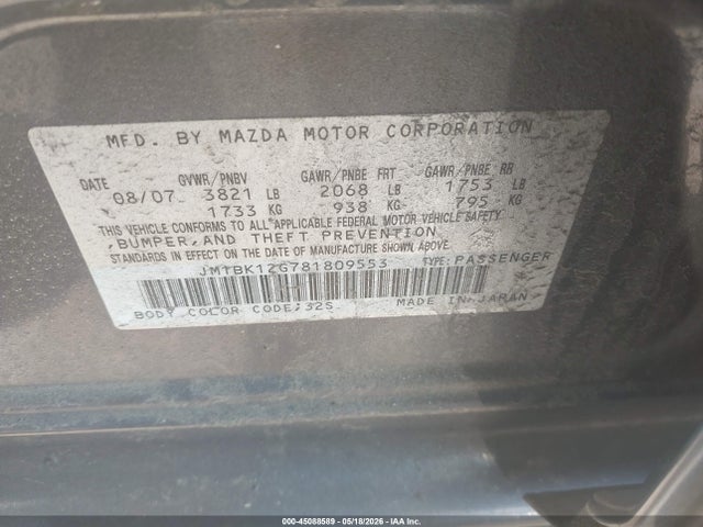 45088589 :رقم المزاد ، JM1BK12G781809553 vin ، 2008 Mazda Mazda3 I Sport مزاد بيع