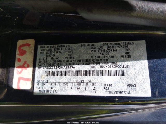 2003 Ford E-350 Super Duty Xl/xlt მანქანა იყიდება აუქციონზე, vin: 1FBSS31S93HA81496, აუქციონის ნომერი: 45088597