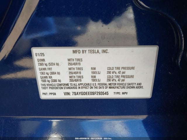 Auction sale of the 2025 Tesla Model Y Long Range Dual Motor All-wheel Drive, vin: 7SAYGDEE0SF293545, lot number: 45088616