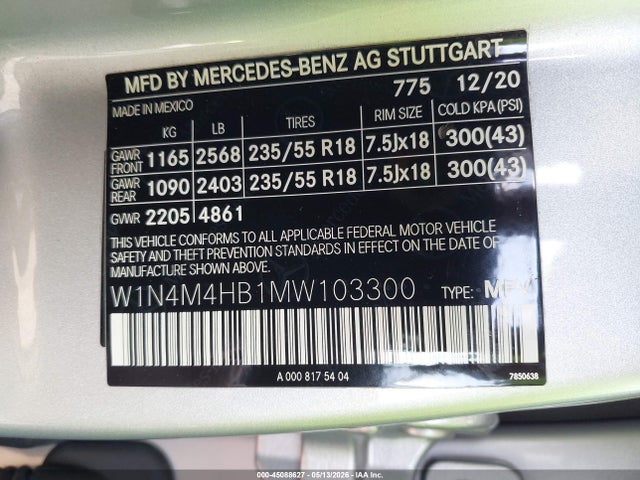 Продаж на аукціоні авто 2021 Mercedes-benz Glb 250 4matic, vin: W1N4M4HB1MW103300, номер лоту: 45088627