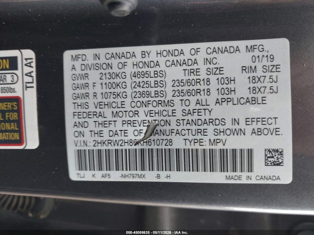 2HKRW2H86KH610728 Honda Cr-v Ex-l