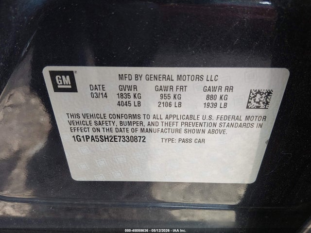 Продажа на аукционе авто 2014 Chevrolet Cruze Ls Auto, vin: 1G1PA5SH2E7330872, номер лота: 45088636
