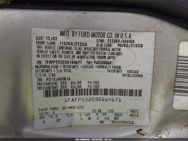 45088638 :رقم المزاد ، 1FAFP55203G164671 vin ، 2003 Ford Taurus Ses مزاد بيع