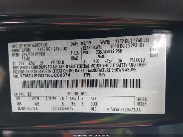 Продажа на аукционе авто 2019 Ford Escape Se, vin: 1FMCU9GD1KUC00374, номер лота: 45088642