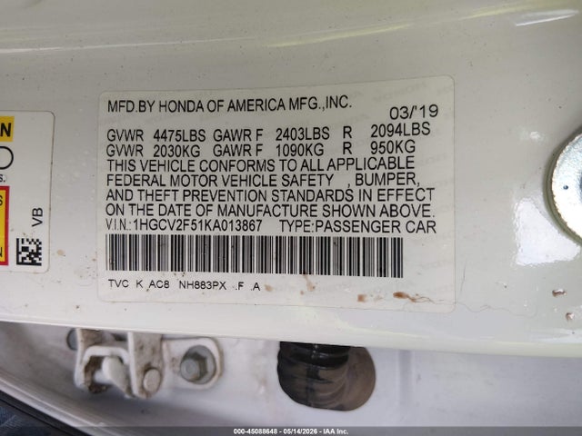 Aukcja sprzedaży 2019 Honda Accord Ex-l 2.0t, vin: 1HGCV2F51KA013867, numer aukcji: 45088648