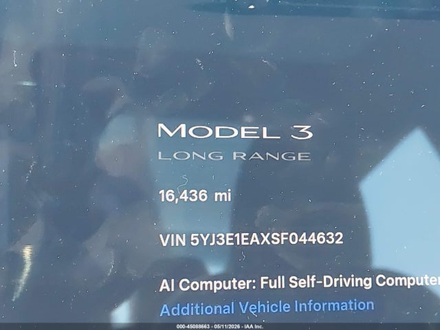 Auction sale of the 2025 Tesla Model 3 Long Range Rear-wheel Drive/standard Rear-wheel Drive, vin: 5YJ3E1EAXSF044632, lot number: 45088663