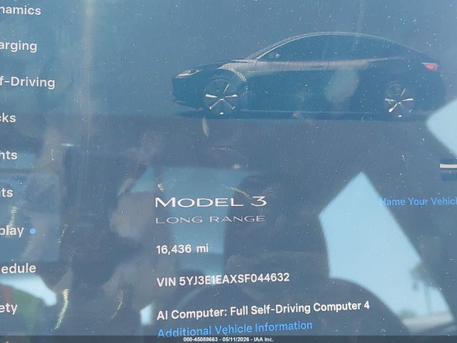 Auction sale of the 2025 Tesla Model 3 Long Range Rear-wheel Drive/standard Rear-wheel Drive, vin: 5YJ3E1EAXSF044632, lot number: 45088663