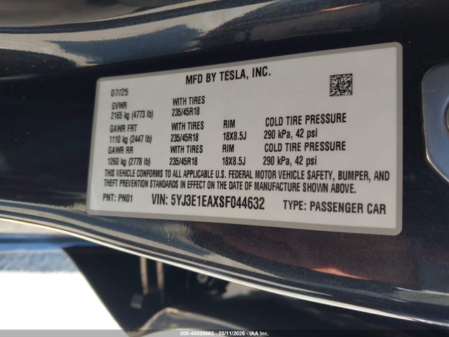 5YJ3E1EAXSF044632 Tesla Model 3 Long Range Rear-wheel Drive/standard Rear-wheel Drive