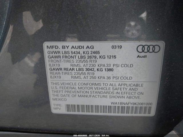 2019 Audi Q5 45 Premium მანქანა იყიდება აუქციონზე, vin: WA1BNAFY9K2081000, აუქციონის ნომერი: 45088668