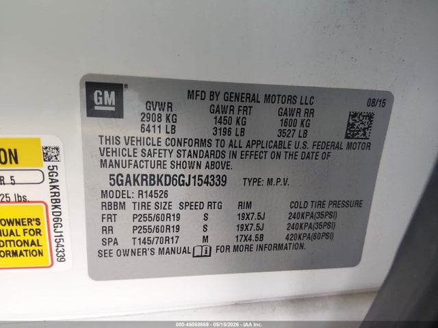 2016 Buick Enclave Leather მანქანა იყიდება აუქციონზე, vin: 5GAKRBKD6GJ154339, აუქციონის ნომერი: 45088669