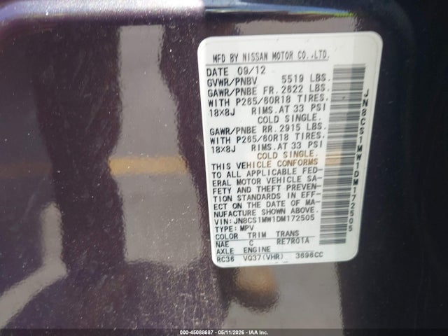 45088687 :رقم المزاد ، JN8CS1MW1DM172505 vin ، 2013 Infiniti Fx37 مزاد بيع