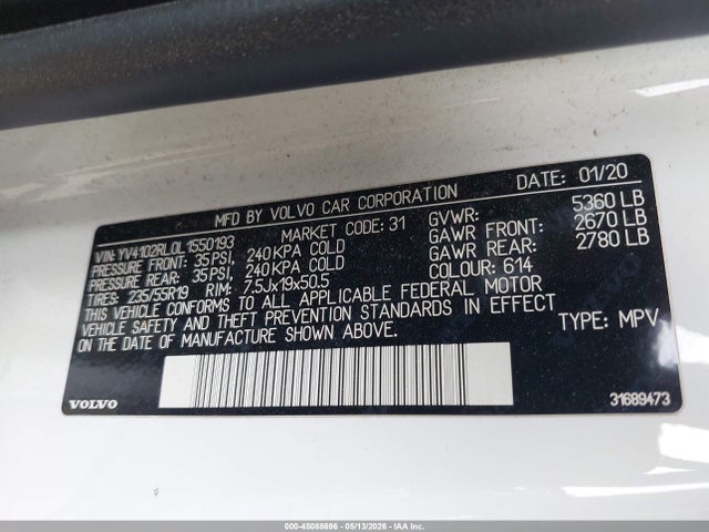Aukcja sprzedaży 2020 Volvo Xc60 T5 Inscription, vin: YV4102RL0L1550193, numer aukcji: 45088696