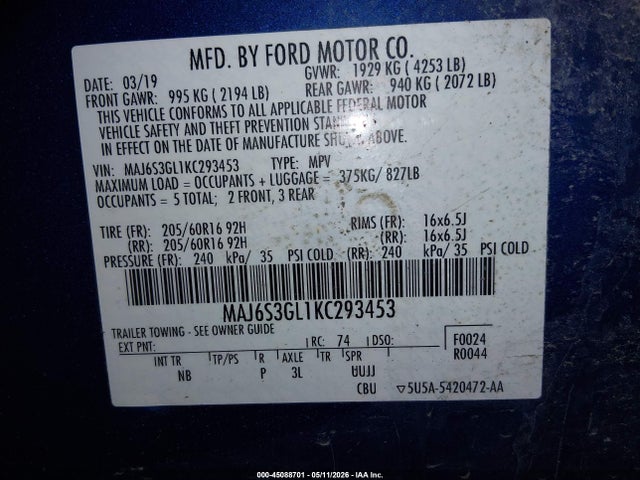 Продажа на аукционе авто 2019 Ford Ecosport Se, vin: MAJ6S3GL1KC293453, номер лота: 45088701