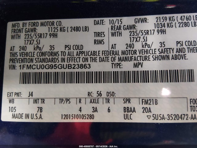 45088707 :رقم المزاد ، 1FMCU0G95GUB23863 vin ، 2016 Ford Escape Se مزاد بيع