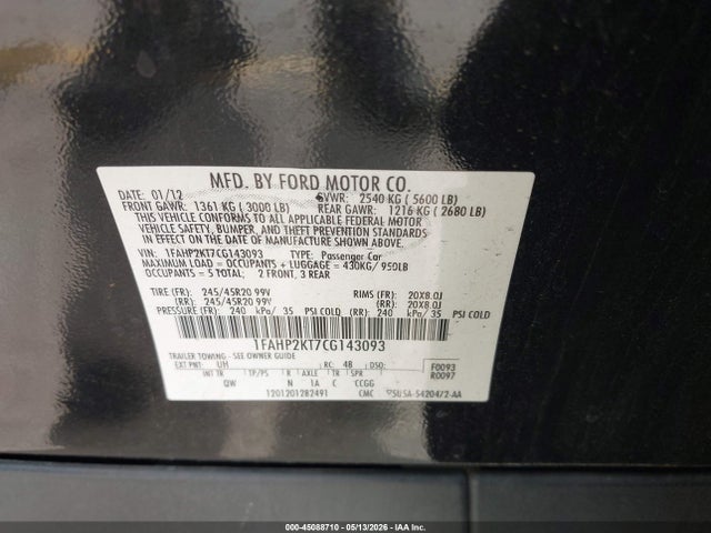 Продажа на аукционе авто 2012 Ford Taurus Sho, vin: 1FAHP2KT7CG143093, номер лота: 45088710